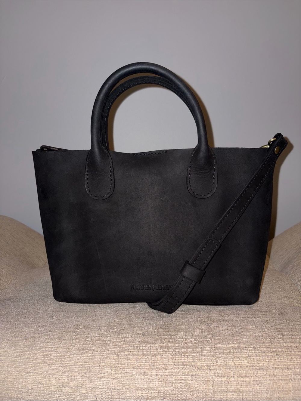 Portland Leather Black Top-Handle Tote Bag with Crossbody Strap